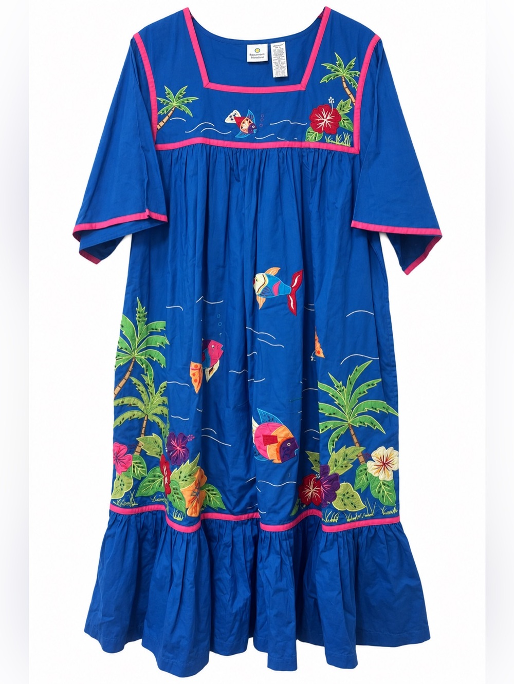 Smithsonian Institution Tropical Fish Palm Embroidered Blue Midi Dress